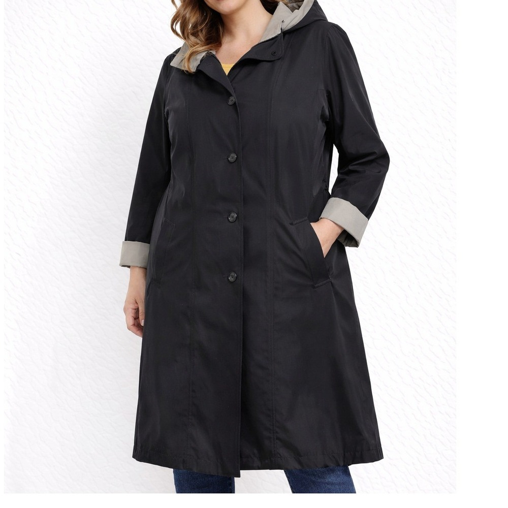 Bromley Sport Womens Black Jacket ‎ Size 14 Petite Fit Trench Coat Hooded Rain